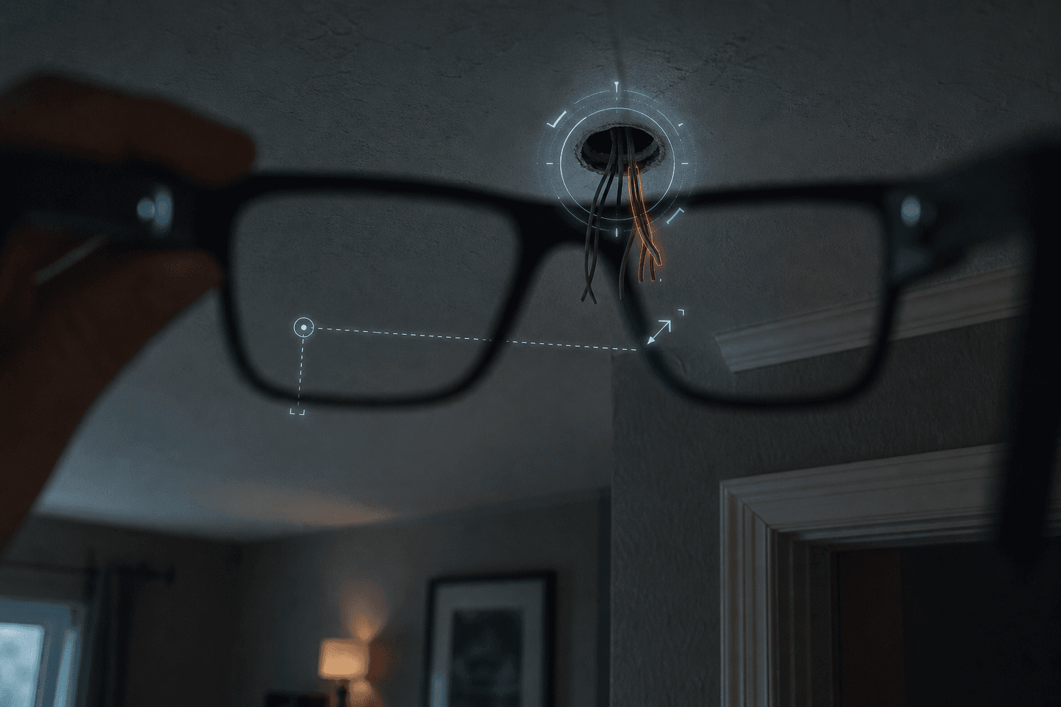 First-person view through Ghostpilot glasses with AR overlays anchored to a ceiling junction box