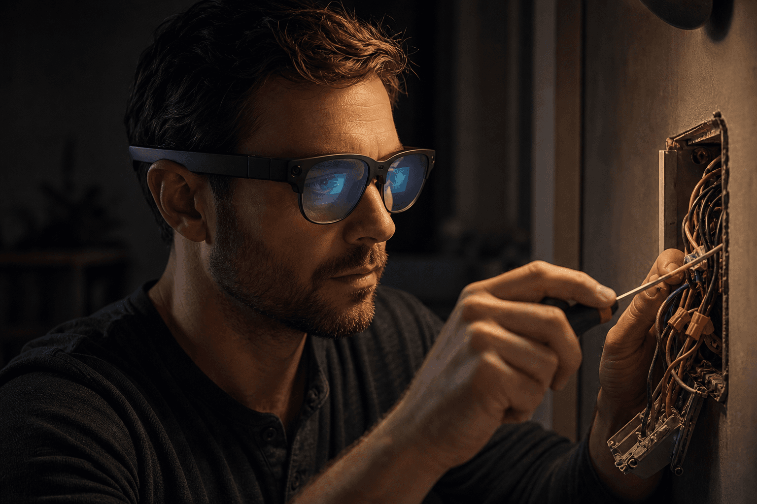 A homeowner wearing Ghostpilot glasses while working at an open electrical box